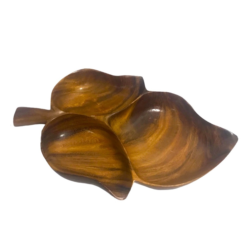 Hawaiian Vintage Monkey Pod Wood Leaf Shaped Trinket Dish 11”x7”